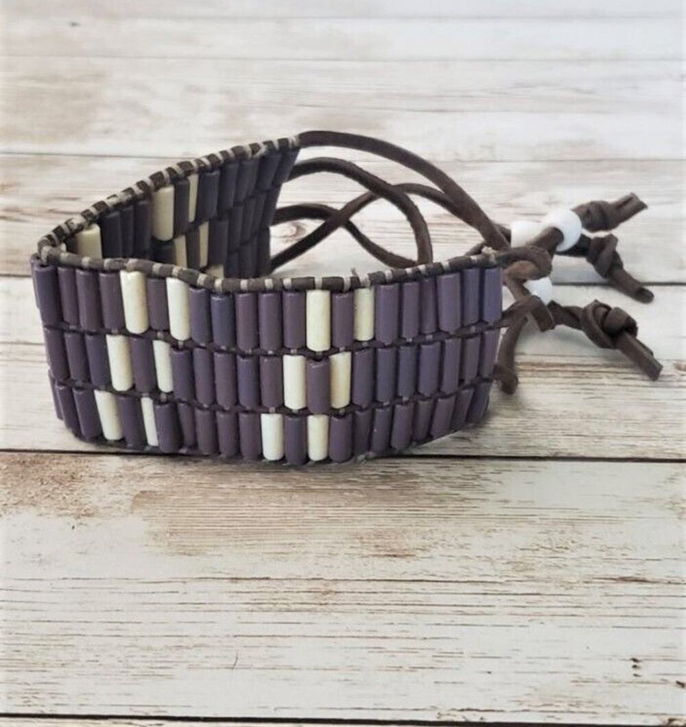 Vintage Bracelet Wide Beaded Purple, Cream, Brown *TLC Needed*